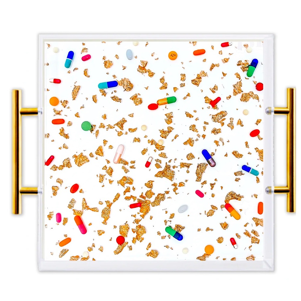 Handmade Kitschy Resin Acrylic Pill Tray with Gold Handles 11” X 11” X 2”